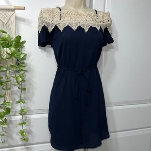 Papaya Off the Shoulder Navy & Cream Lace Mini Dress